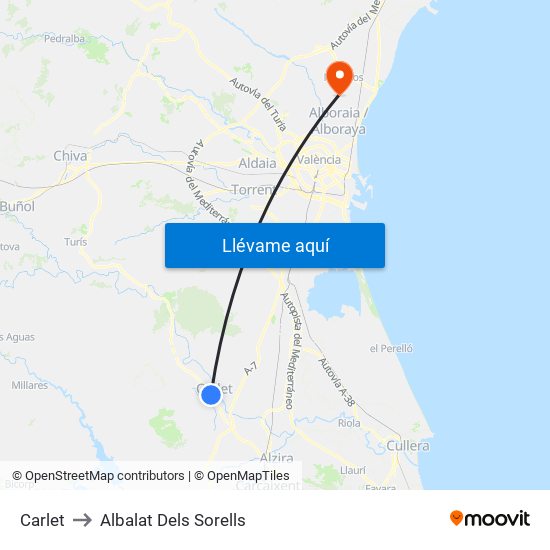 Carlet to Albalat Dels Sorells map