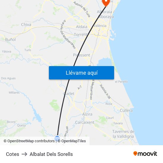 Cotes to Albalat Dels Sorells map