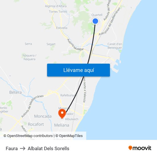 Faura to Albalat Dels Sorells map