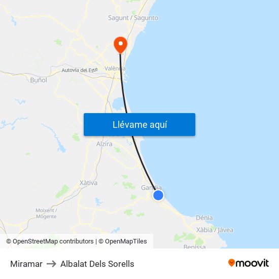 Miramar to Albalat Dels Sorells map