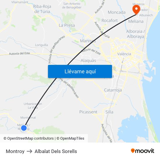 Montroy to Albalat Dels Sorells map