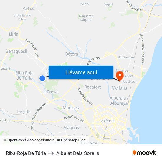 Riba-Roja De Túria to Albalat Dels Sorells map