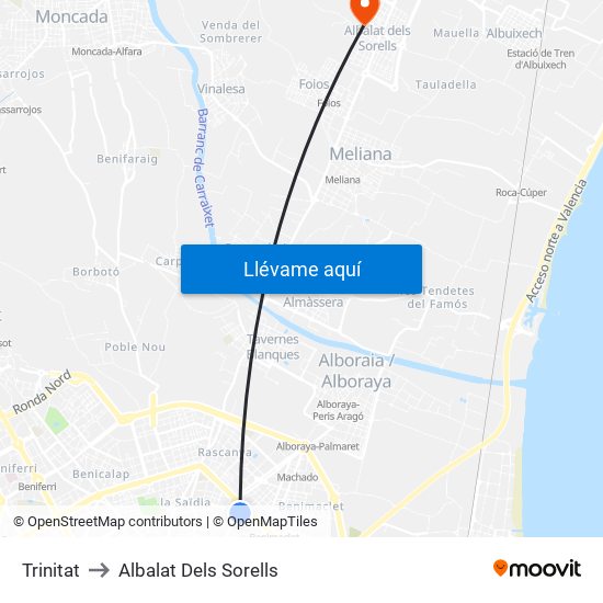 Trinitat to Albalat Dels Sorells map