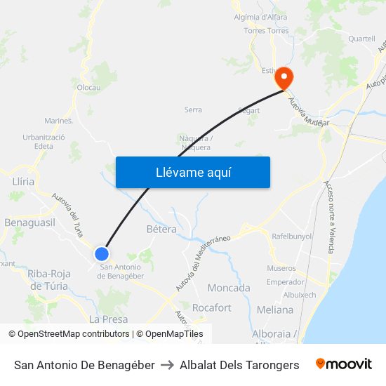 San Antonio De Benagéber to Albalat Dels Tarongers map