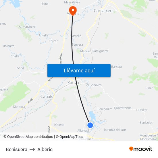 Benisuera to Alberic map