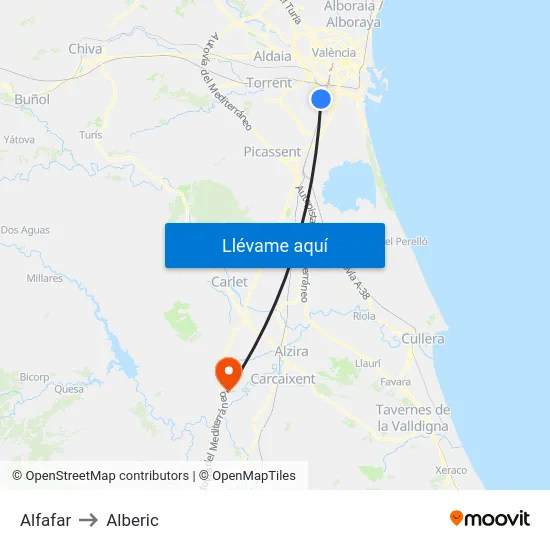 Alfafar to Alberic map