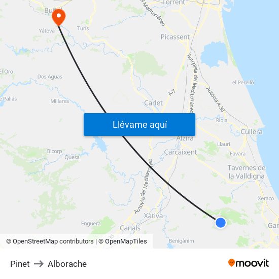 Pinet to Alborache map