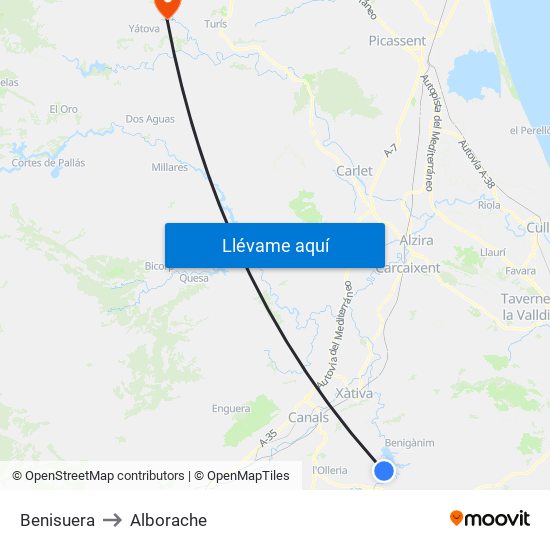 Benisuera to Alborache map