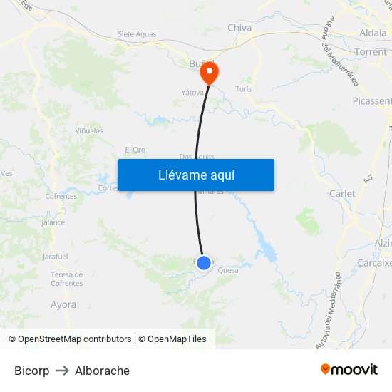 Bicorp to Alborache map