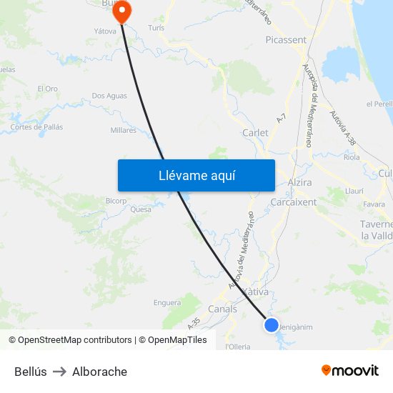Bellús to Alborache map