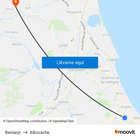 Beniarjó to Alborache map
