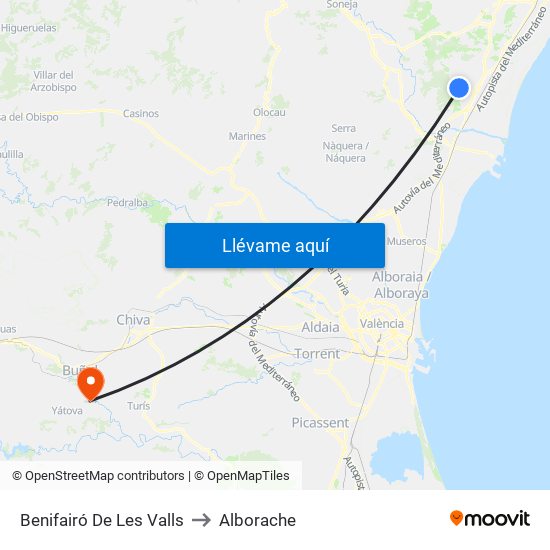 Benifairó De Les Valls to Alborache map