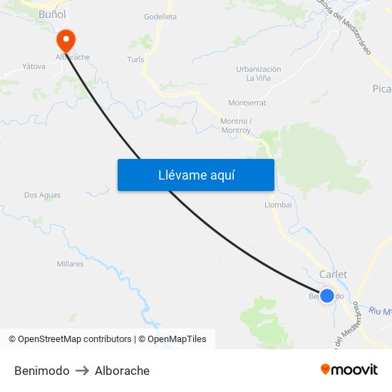 Benimodo to Alborache map