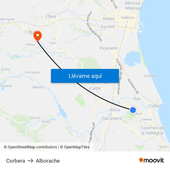 Corbera to Alborache map