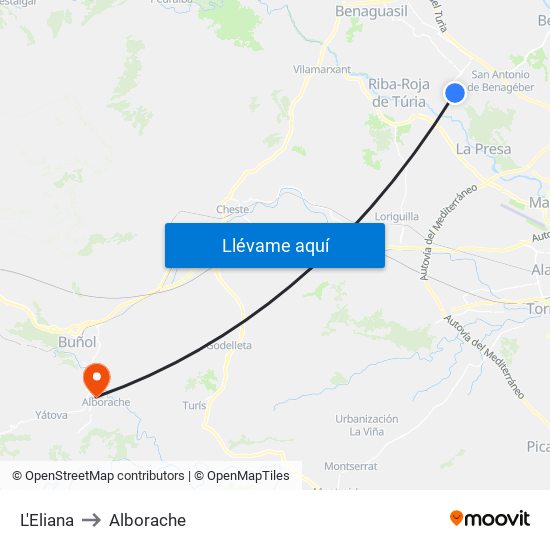 L'Eliana to Alborache map