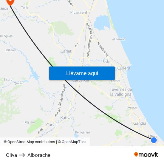 Oliva to Alborache map