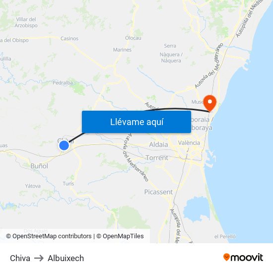 Chiva to Albuixech map