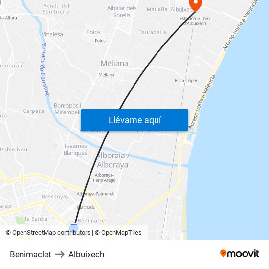 Benimaclet to Albuixech map