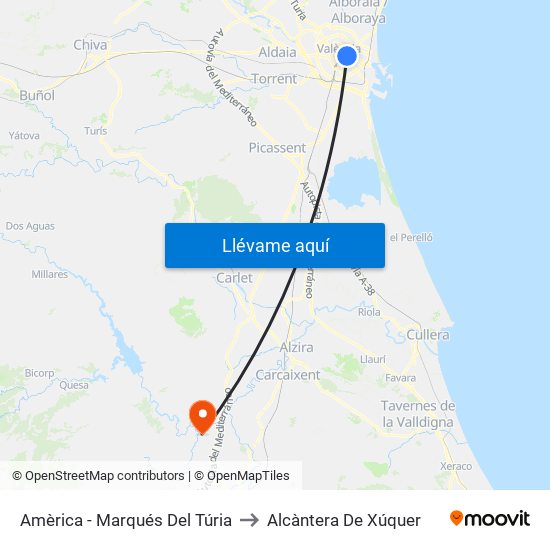 Amèrica - Marqués Del Túria to Alcàntera De Xúquer map