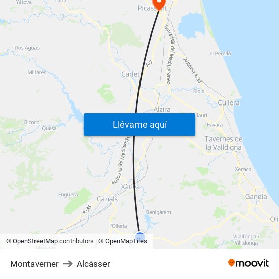 Montaverner to Alcàsser map