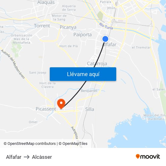 Alfafar to Alcàsser map