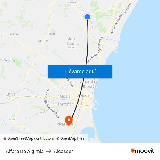 Alfara De Algimia to Alcàsser map