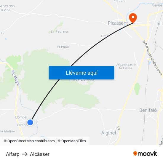 Alfarp to Alcàsser map