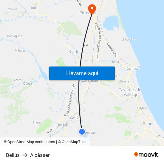 Bellús to Alcàsser map