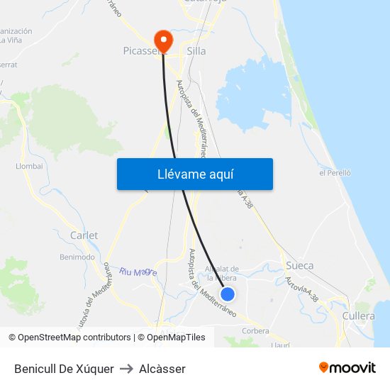 Benicull De Xúquer to Alcàsser map