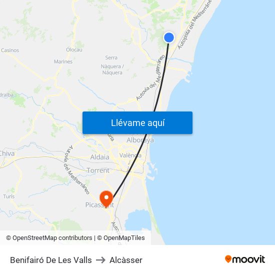 Benifairó De Les Valls to Alcàsser map