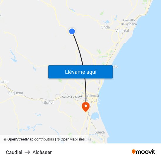 Caudiel to Alcàsser map