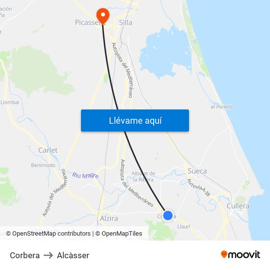 Corbera to Alcàsser map