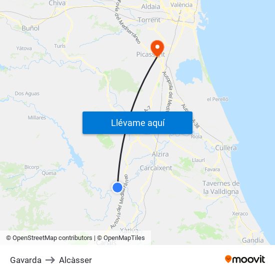 Gavarda to Alcàsser map
