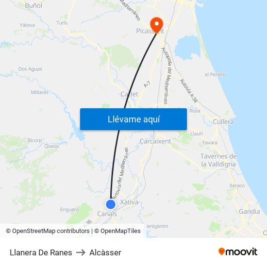 Llanera De Ranes to Alcàsser map