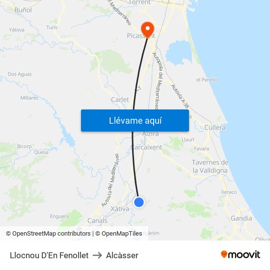 Llocnou D'En Fenollet to Alcàsser map