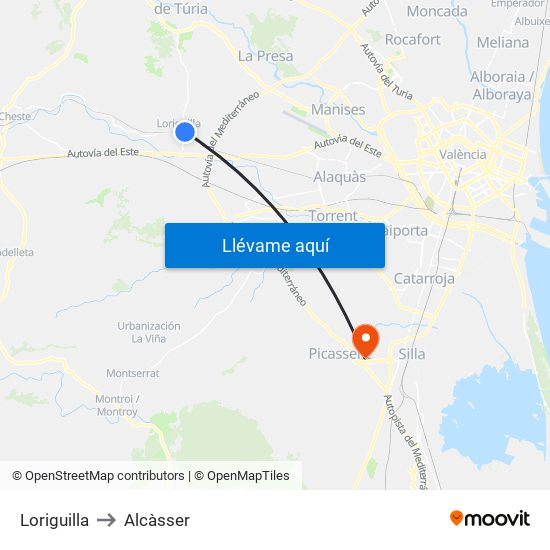 Loriguilla to Alcàsser map