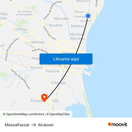 Massalfassar to Alcàsser map