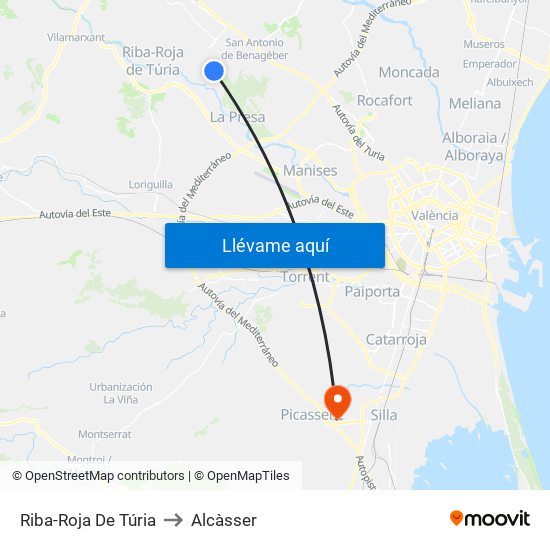 Riba-Roja De Túria to Alcàsser map