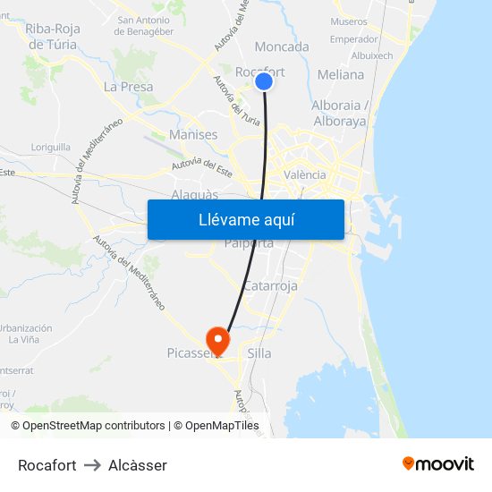 Rocafort to Alcàsser map