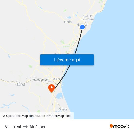 Villarreal to Alcàsser map