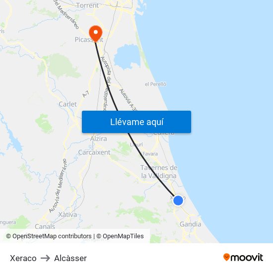 Xeraco to Alcàsser map