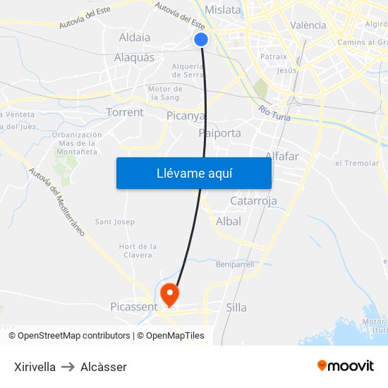 Xirivella to Alcàsser map