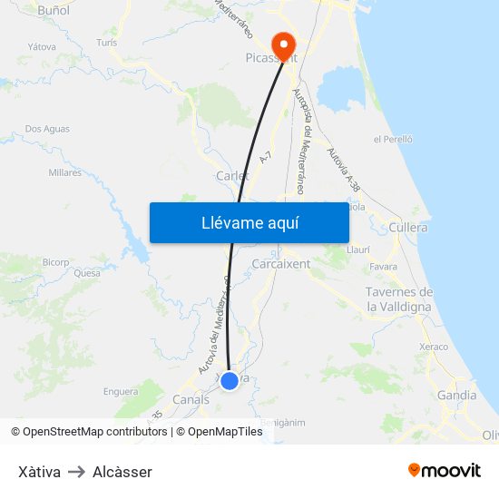 Xàtiva to Alcàsser map