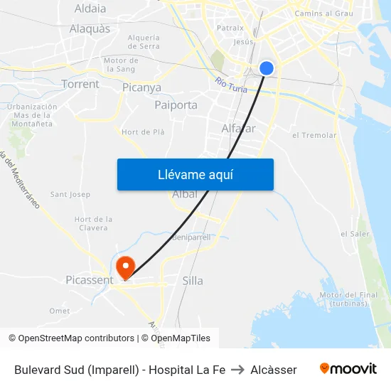Bulevard Sud (Imparell) - Hospital La Fe to Alcàsser map