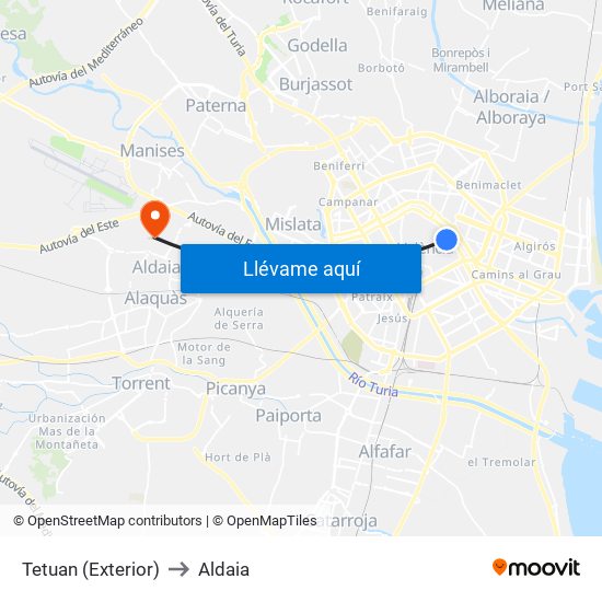 Tetuan (Exterior) to Aldaia map