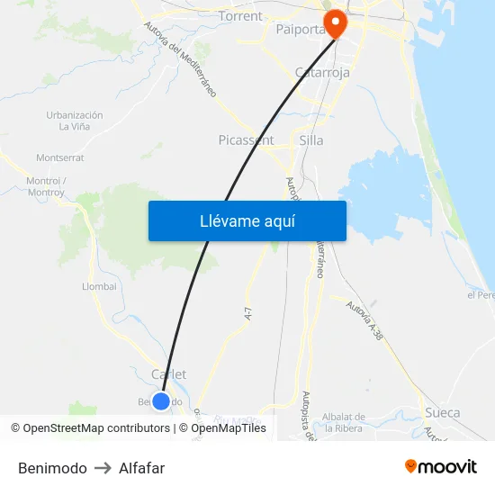 Benimodo to Alfafar map