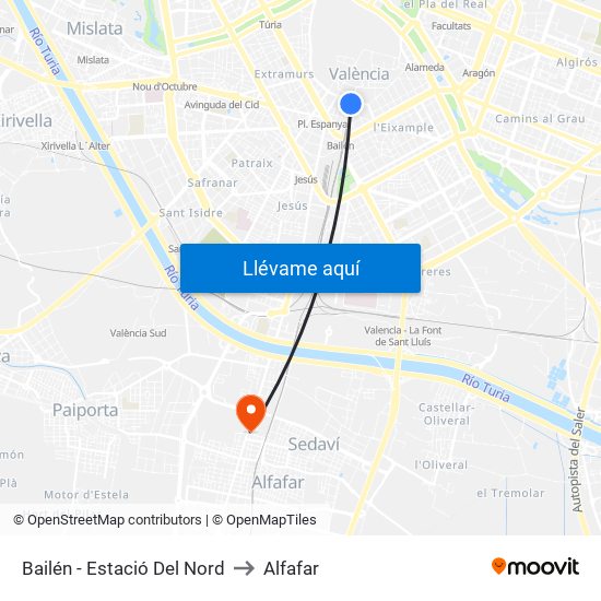 Bailén - Estació Del Nord to Alfafar map