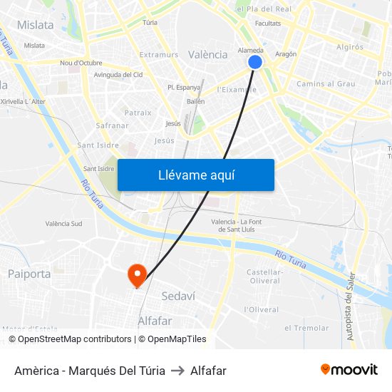 Amèrica - Marqués Del Túria to Alfafar map