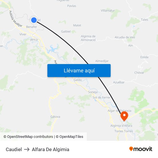 Caudiel to Alfara De Algimia map