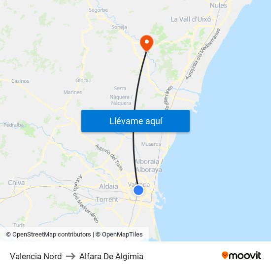 Valencia Nord to Alfara De Algimia map